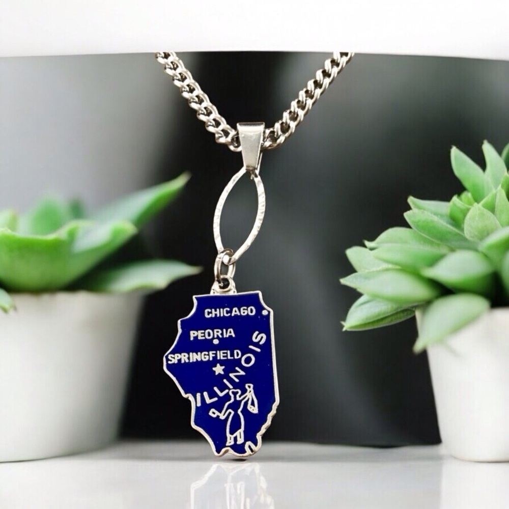 🆕 Illinois Pendant Necklace Vintage Enamel/Stainless Steel